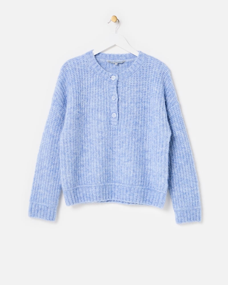 Blue Button Detail Crew Neck Knitted Jumper