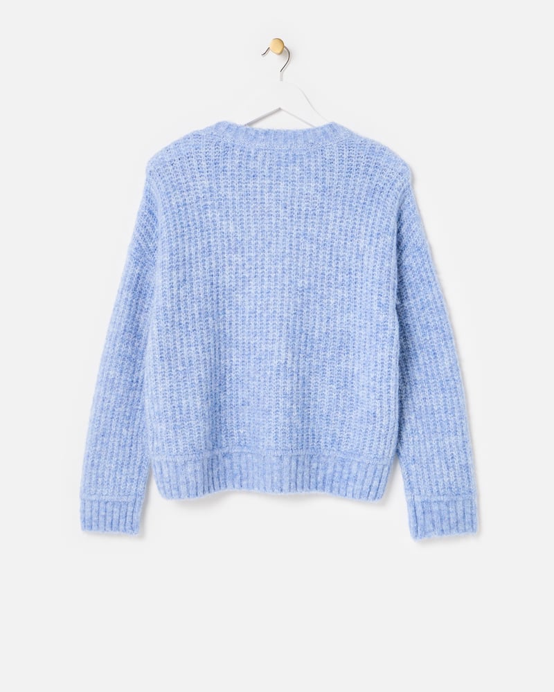 Blue Button Detail Crew Neck Knitted Jumper