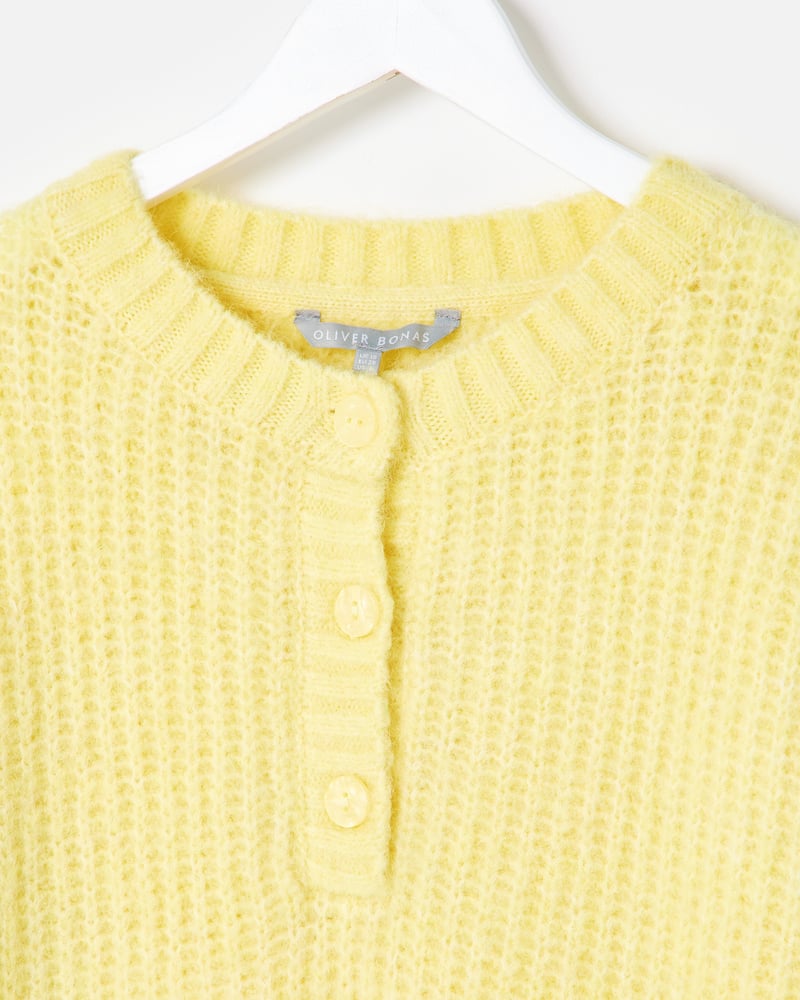Yellow Button Detail Crew Neck Knitted Jumper