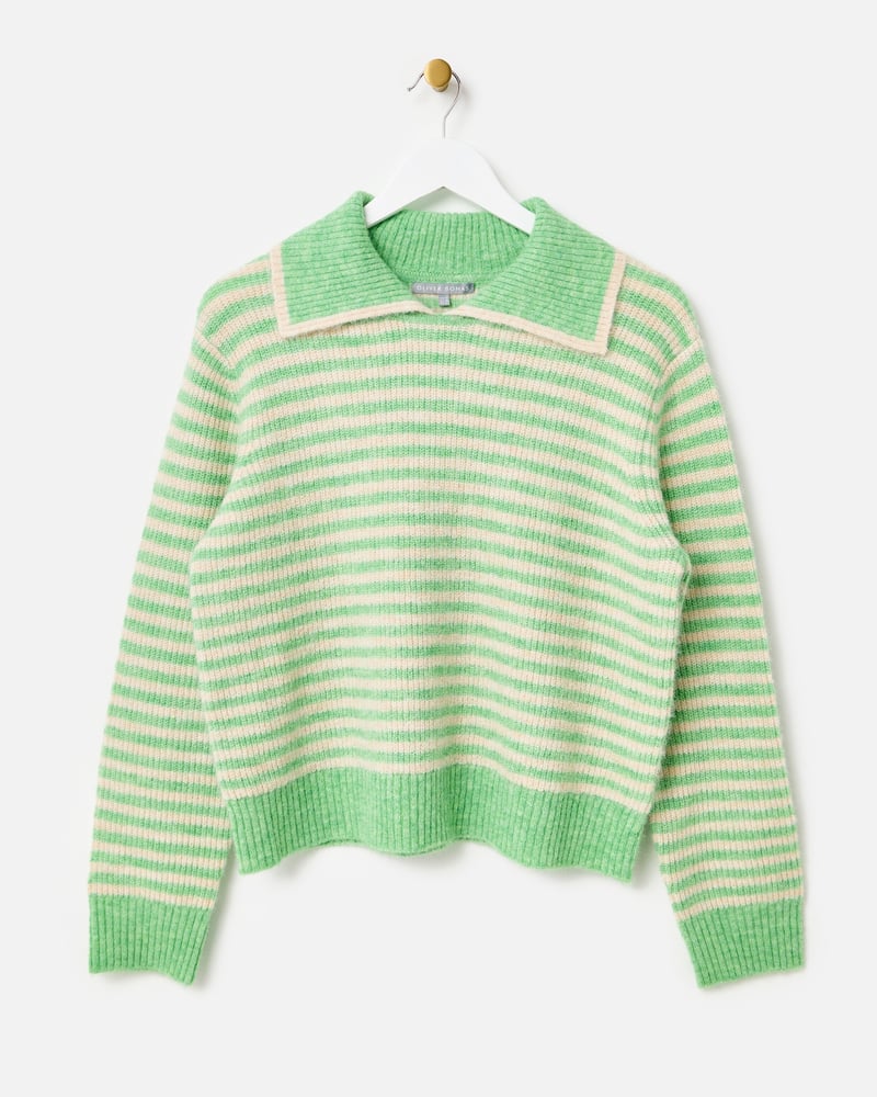 Green & Cream Striped Collared Knitted Jumper