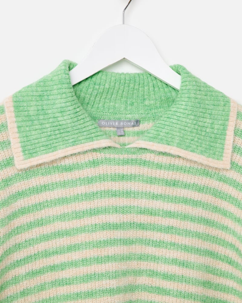 Green & Cream Striped Collared Knitted Jumper