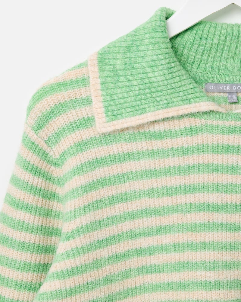 Green & Cream Striped Collared Knitted Jumper