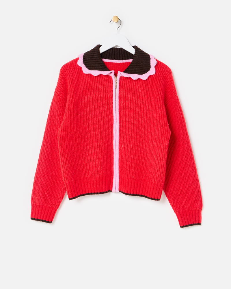 Red Scalloped Collar Zip Up Knitted Bomber Jacket