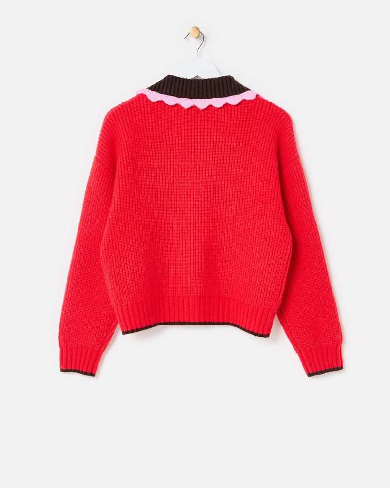 Red Scalloped Collar Zip Up Knitted Bomber Jacket