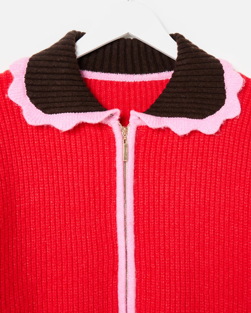 Red Scalloped Collar Zip Up Knitted Bomber Jacket