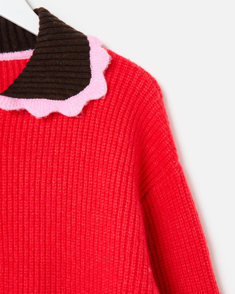 Red Scalloped Collar Zip Up Knitted Bomber Jacket