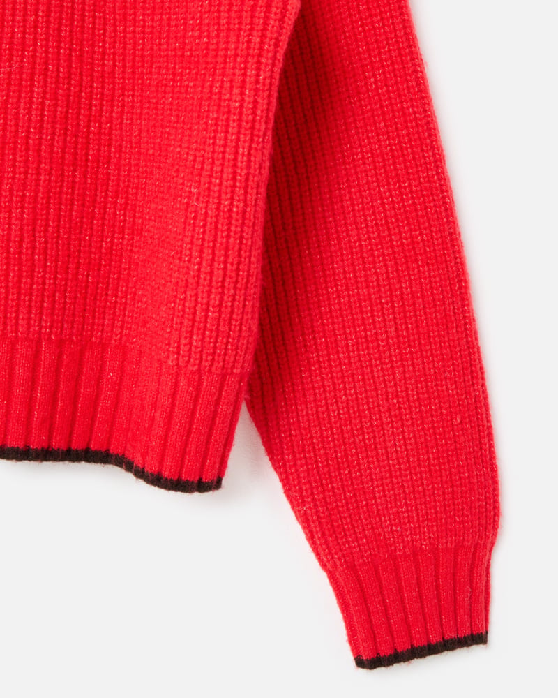 Red Scalloped Collar Zip Up Knitted Bomber Jacket
