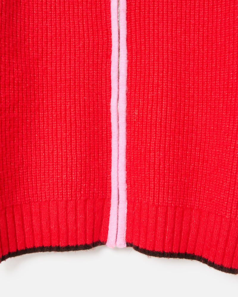 Red Scalloped Collar Zip Up Knitted Bomber Jacket