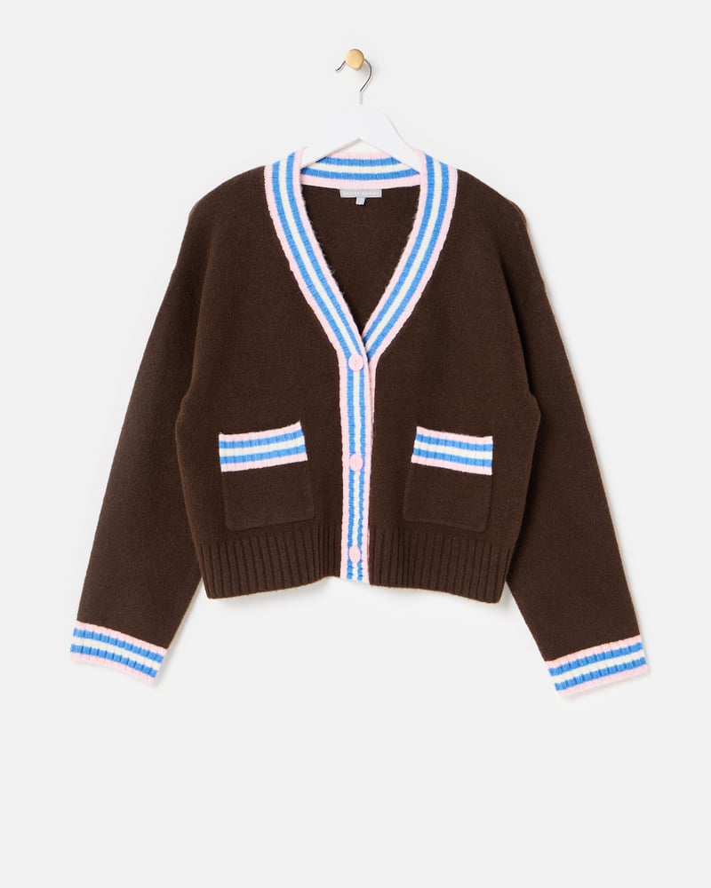 Chocolate Brown & Blue Striped V-Neck Knitted Cardigan