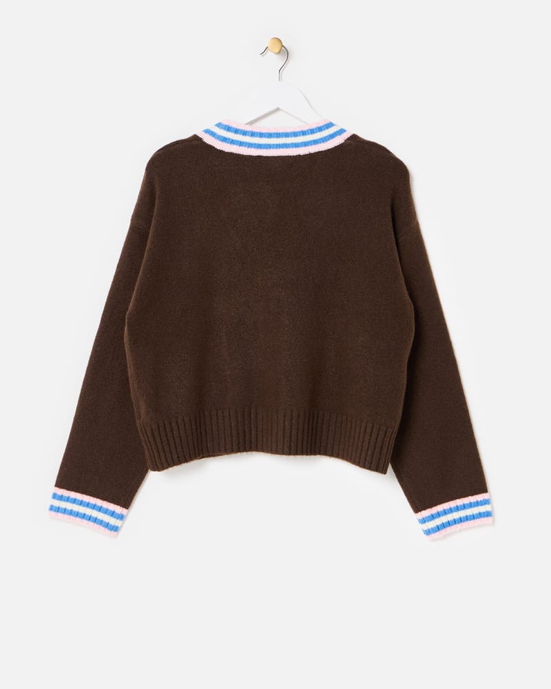 Chocolate Brown & Blue Striped V-Neck Knitted Cardigan