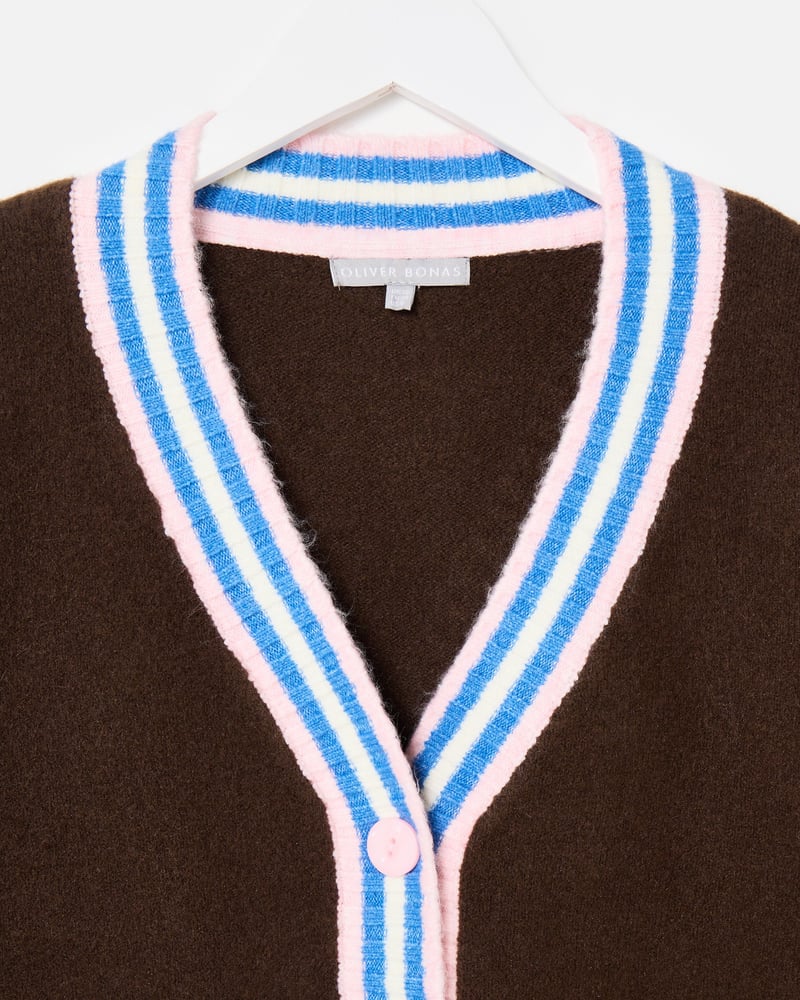 Chocolate Brown & Blue Striped V-Neck Knitted Cardigan