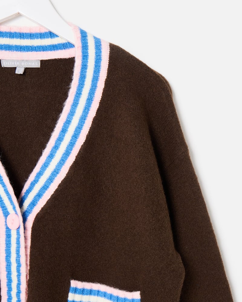 Chocolate Brown & Blue Striped V-Neck Knitted Cardigan