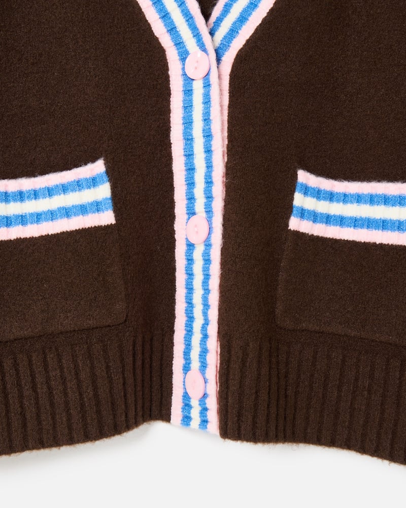 Chocolate Brown & Blue Striped V-Neck Knitted Cardigan