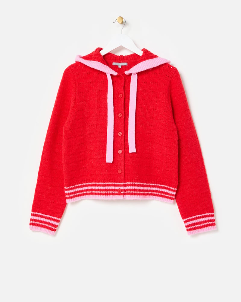 Red Hooded Button Up Knitted Cardigan
