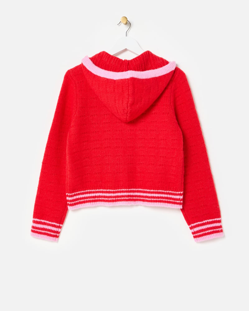 Red Hooded Button Up Knitted Cardigan
