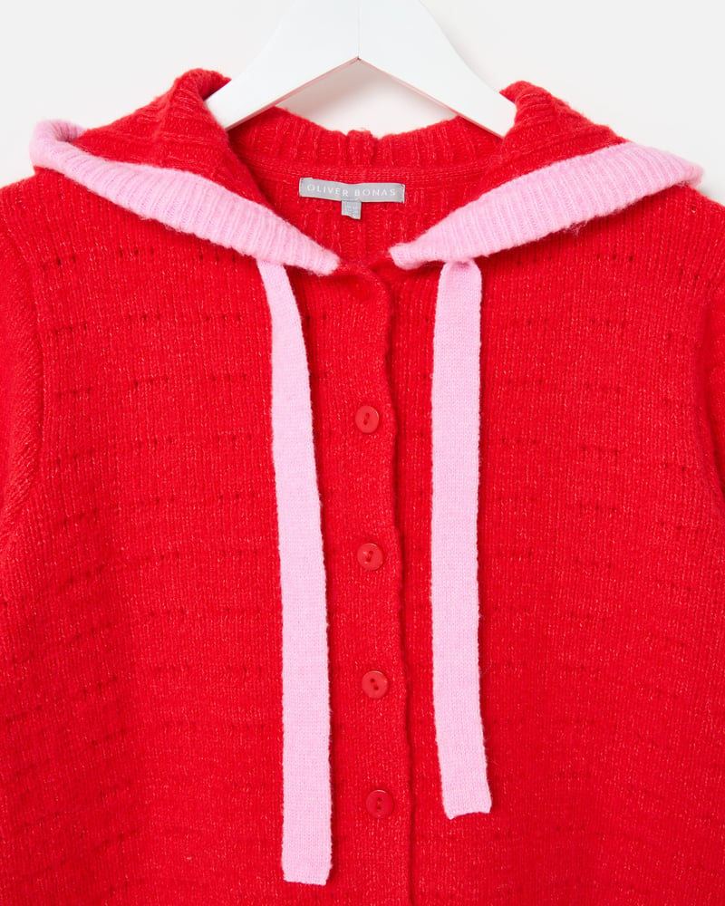 Red Hooded Button Up Knitted Cardigan