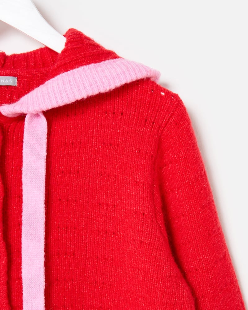 Red Hooded Button Up Knitted Cardigan