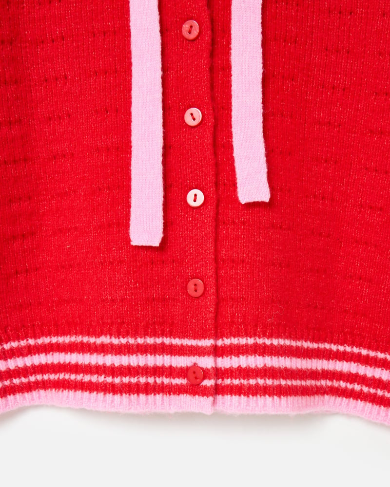 Red Hooded Button Up Knitted Cardigan