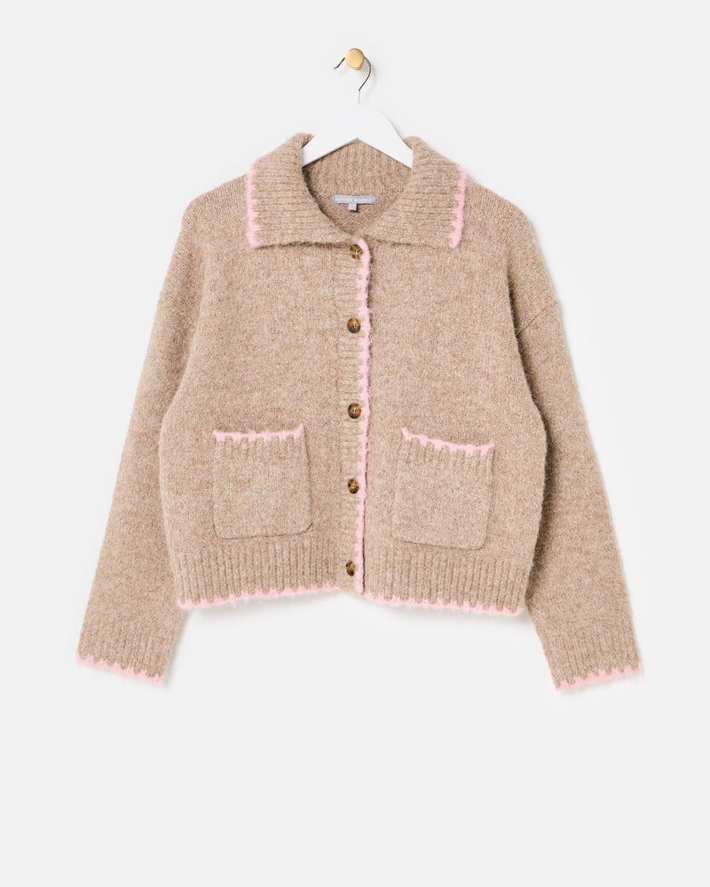 Camel Brown & Pink Blanket Stitch Collared Button Up Knitted Cardigan