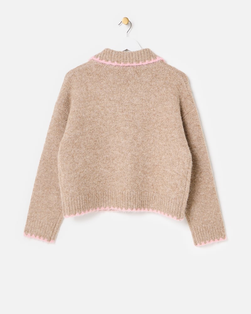 Camel Brown & Pink Blanket Stitch Collared Button Up Knitted Cardigan