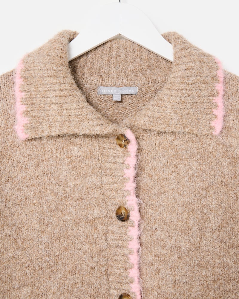 Camel Brown & Pink Blanket Stitch Collared Button Up Knitted Cardigan