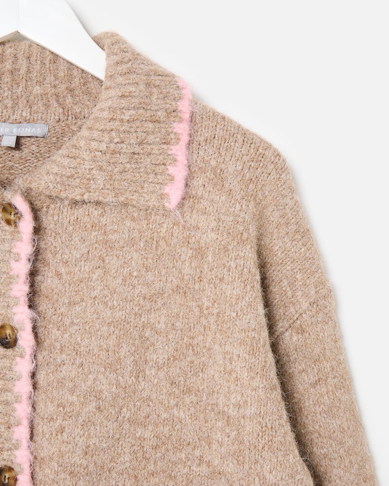 Camel Brown & Pink Blanket Stitch Collared Button Up Knitted Cardigan