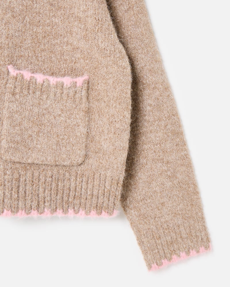 Camel Brown & Pink Blanket Stitch Collared Button Up Knitted Cardigan