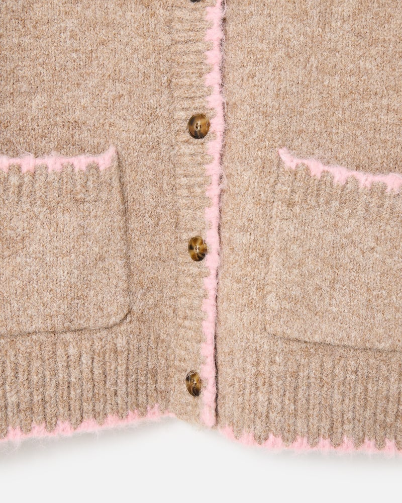 Camel Brown & Pink Blanket Stitch Collared Button Up Knitted Cardigan