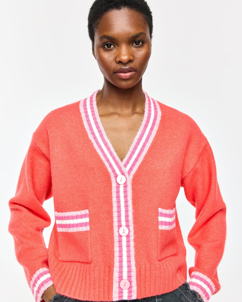 Red & Pink Striped V-Neck Knitted Cardigan
