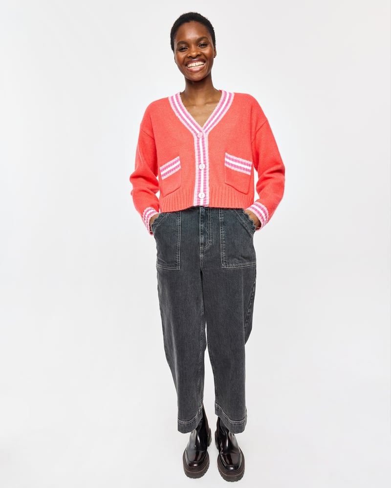 Red & Pink Striped V-Neck Knitted Cardigan