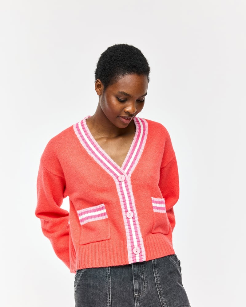 Red & Pink Striped V-Neck Knitted Cardigan