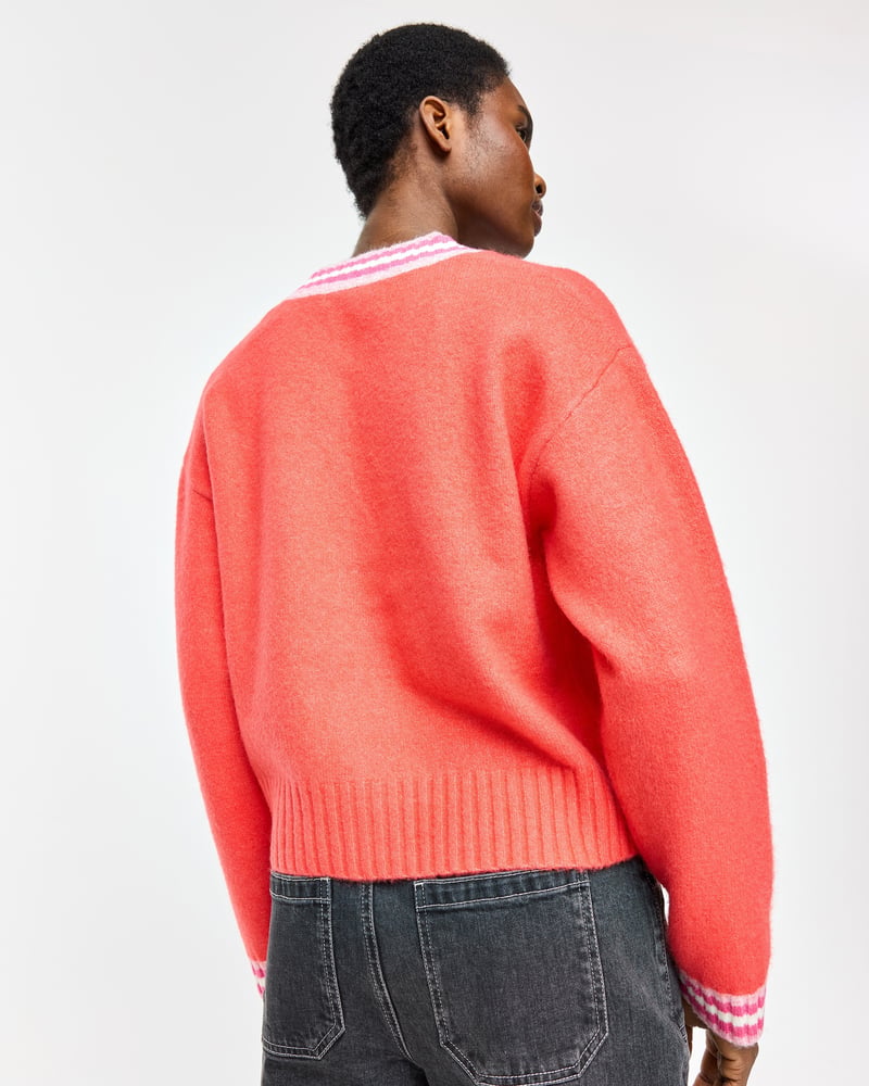 Red & Pink Striped V-Neck Knitted Cardigan
