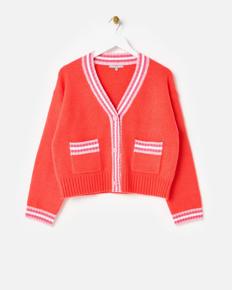 Red & Pink Striped V-Neck Knitted Cardigan
