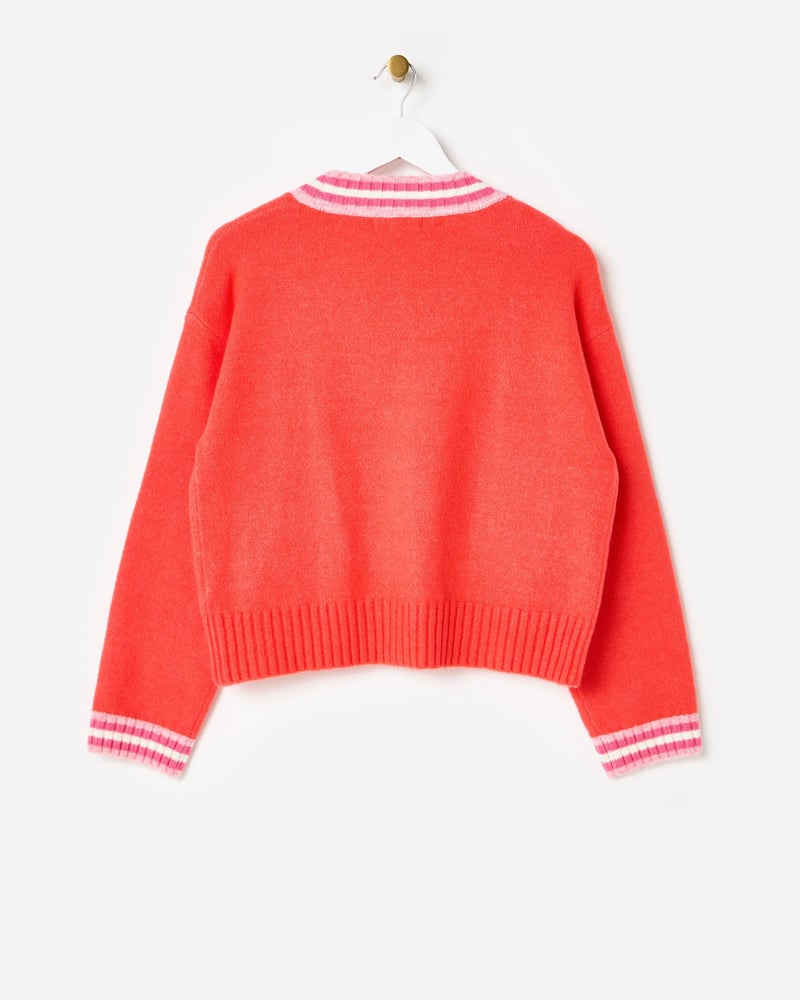 Red & Pink Striped V-Neck Knitted Cardigan