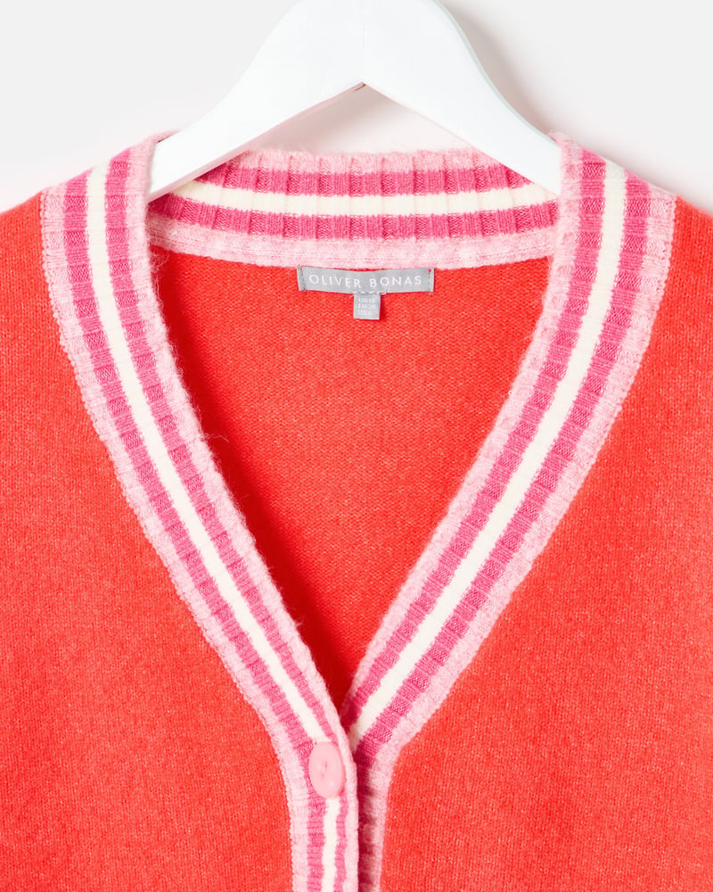 Red & Pink Striped V-Neck Knitted Cardigan