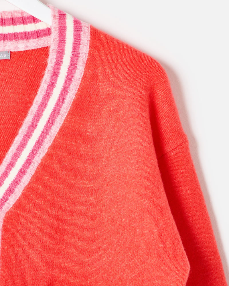 Red & Pink Striped V-Neck Knitted Cardigan