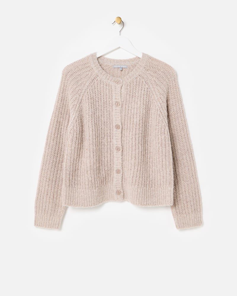 Taupe Fisherman Rib Crew Neck Knitted Cardigan