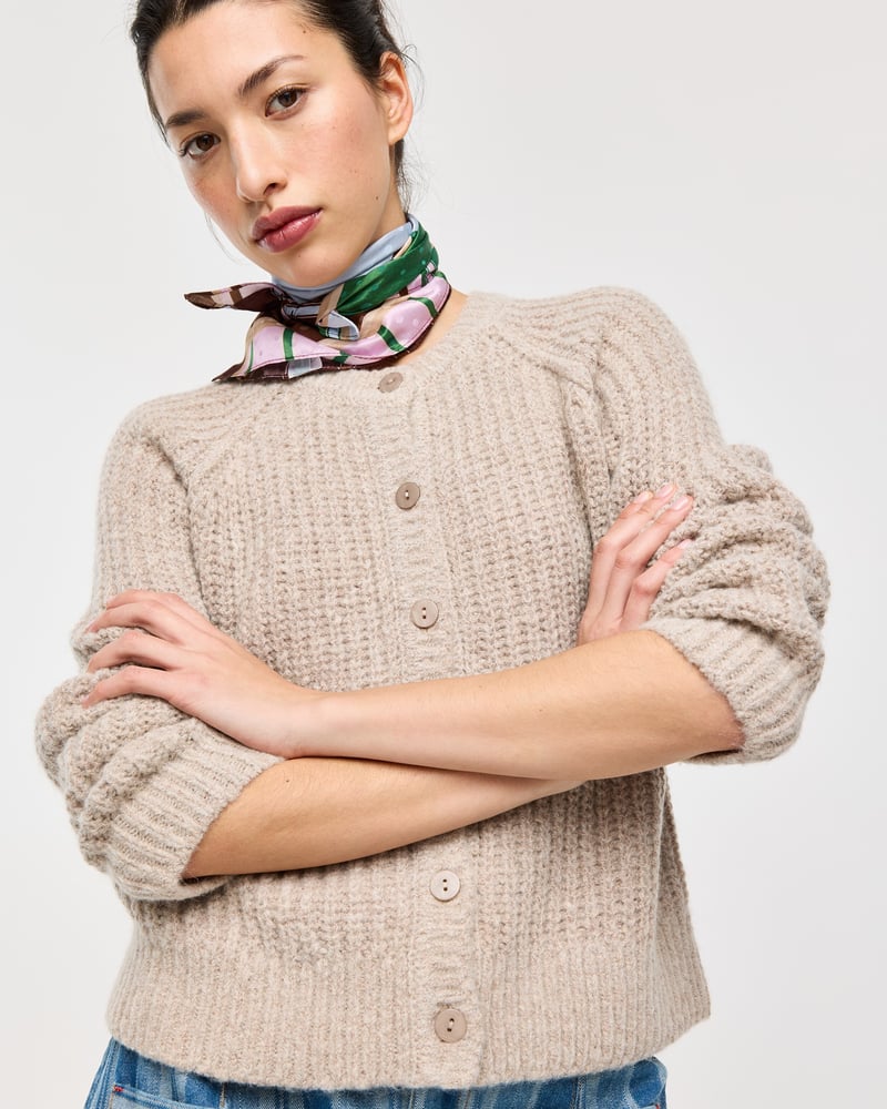 Taupe Fisherman Rib Crew Neck Knitted Cardigan