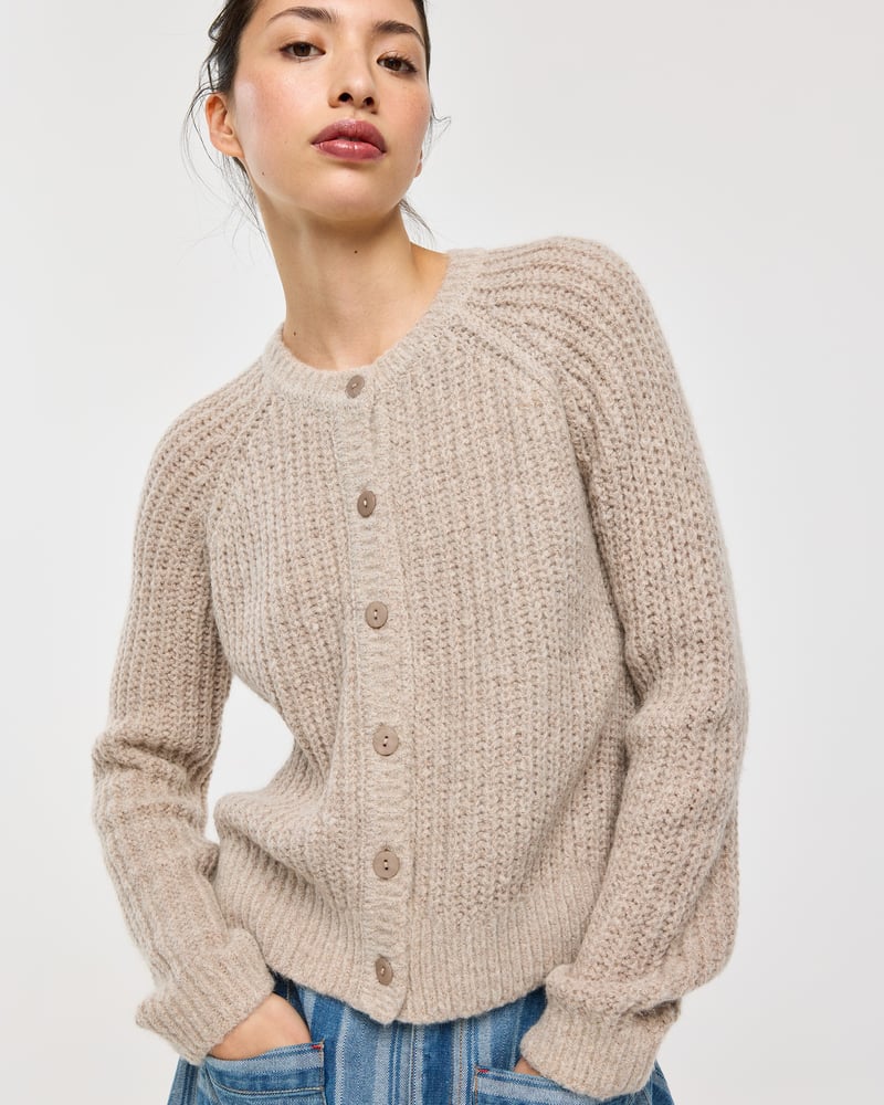 Taupe Fisherman Rib Crew Neck Knitted Cardigan