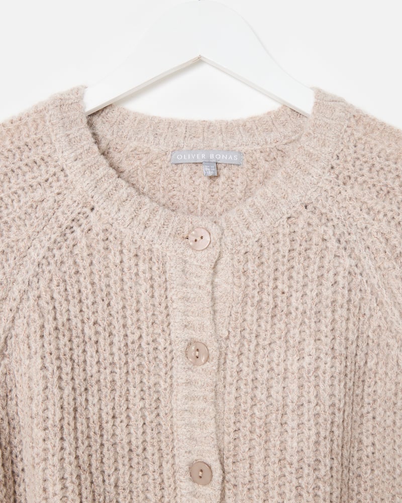 Taupe Fisherman Rib Crew Neck Knitted Cardigan