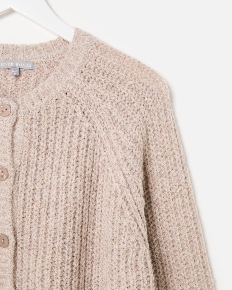 Taupe Fisherman Rib Crew Neck Knitted Cardigan