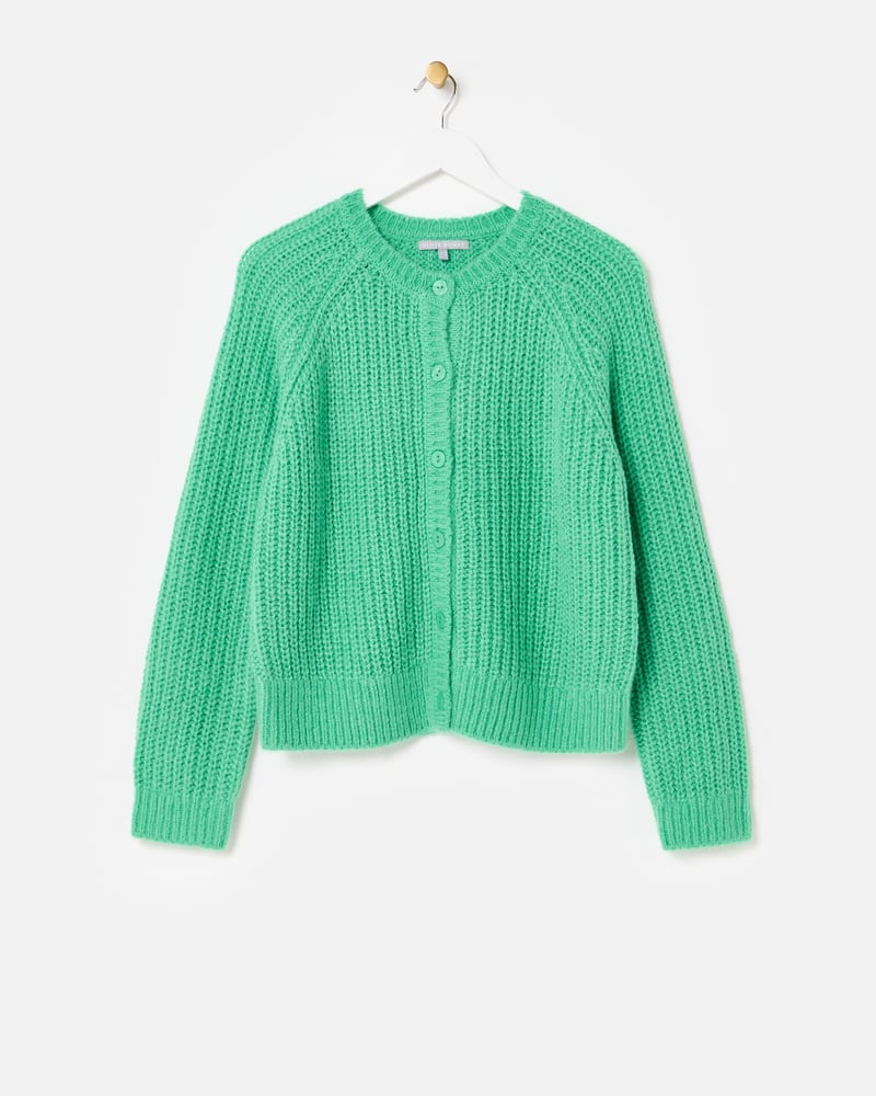 Green Fisherman Rib Crew Neck Knitted Cardigan