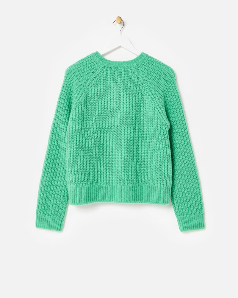 Green Fisherman Rib Crew Neck Knitted Cardigan