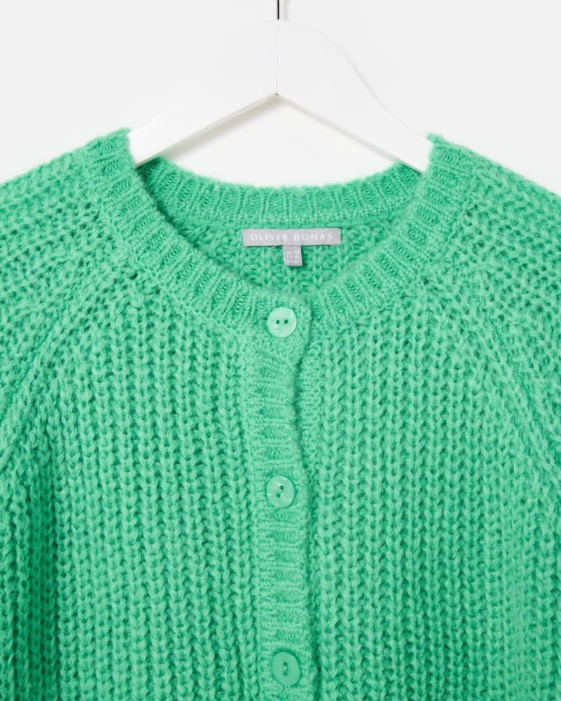 Green Fisherman Rib Crew Neck Knitted Cardigan