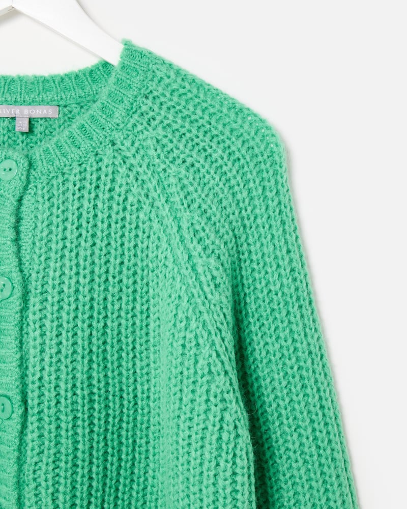 Green Fisherman Rib Crew Neck Knitted Cardigan