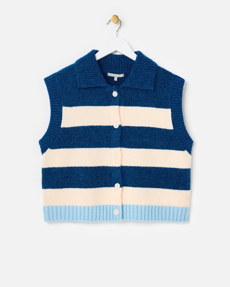Blue & Cream Striped Collared Knitted Waistcoat