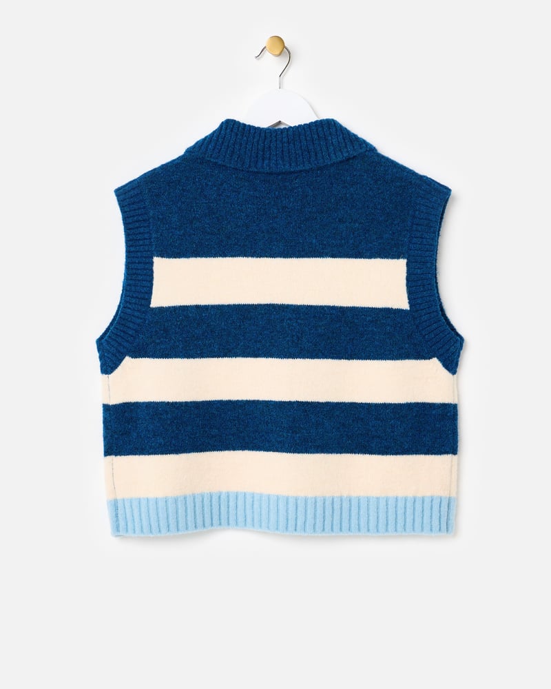 Blue & Cream Striped Collared Knitted Waistcoat