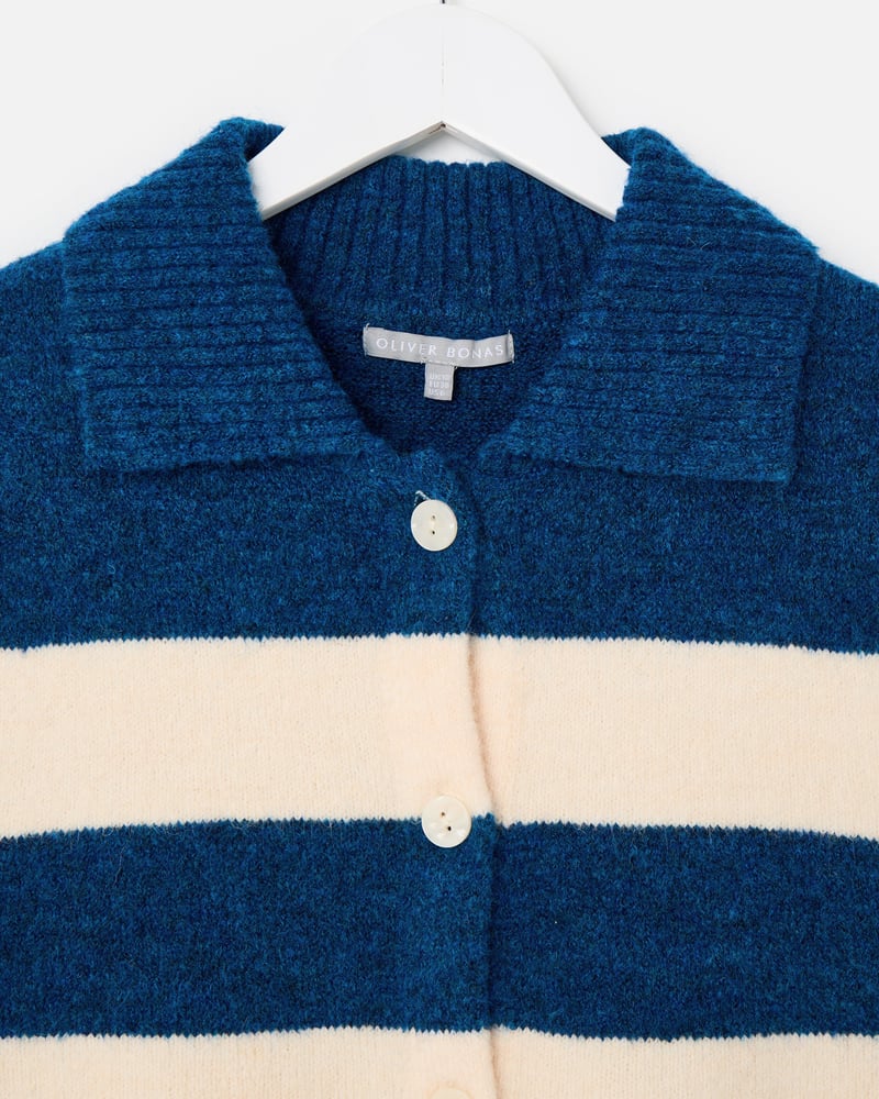 Blue & Cream Striped Collared Knitted Waistcoat