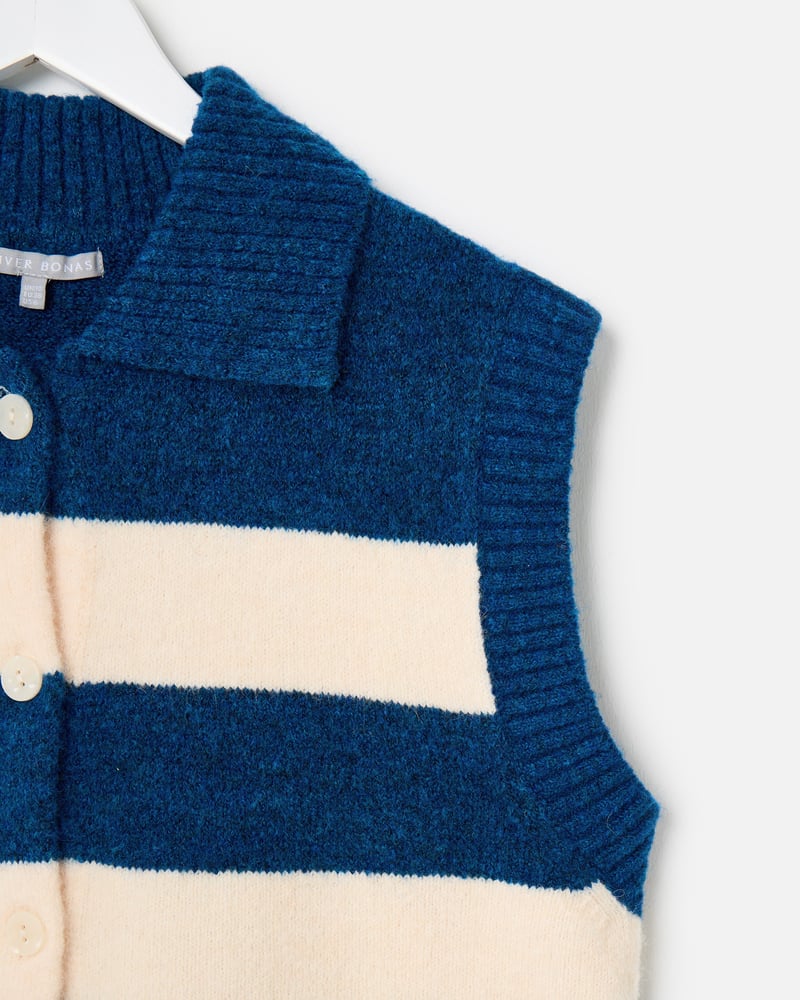 Blue & Cream Striped Collared Knitted Waistcoat