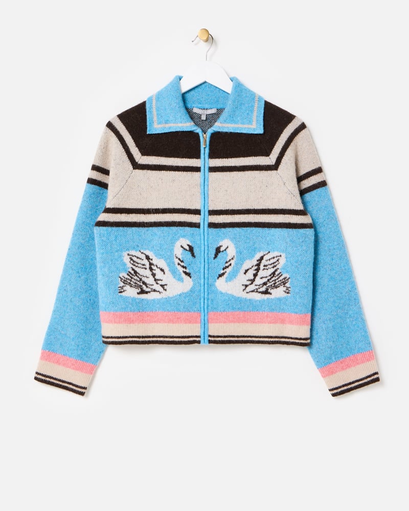 Blue Striped Swan Collared Knitted Bomber Jacket